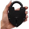 Vintage Style Lock/Antique Preproduction Heart Padlock with Two Skelton Keys/Black Powder Coted Hand Forged Padlock for Old Trunk, Wine Rack, Shade, Barn, Gate