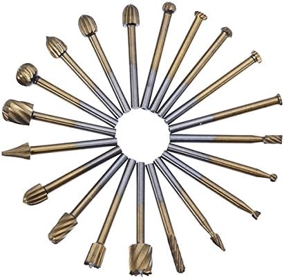 Aoher 20Pcs Titanium Coated Rotary File Cutters HSS Mini Burr Woodworking Milling Carving Rasp Drill Bits