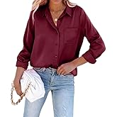 Pausus Women Long Sleeve V Neck Silk Blouses Button Down Shirt Tops Work Clothes for Women(Wine Red,S)