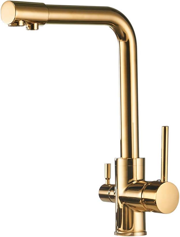 OWOFAN Round Deluxe 3 Way Kitchen Faucet for RO System - Brass Lead-Free 3 in 1 Drink Water Tap Mixer Gold 0175K