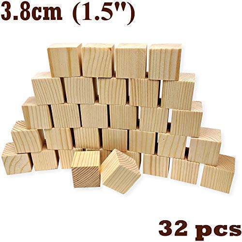 JoePaul's Crafts 32 pcs - 1.5" Wood Blocks Square Wooden Unfinished Craft Cubes - DIY Baby Shower/Stamp 1 and 1/2 inch Wood Block (Qty 32)