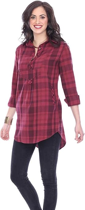 Parsley & Sage - Morgan, 3/4 Sleeve, Plaid Pattern, Spread Neck Hi-Lo Tunic Top at Amazon Women 