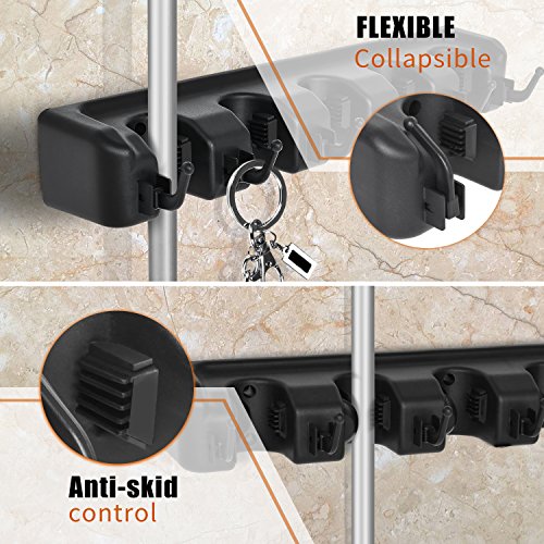 Auwey 2pack Mop Broom Holder Wall Mount with Hook Gripper Slot, Garden Storage Rack Mop Broom Handle Kitchen Storage Garage Garden Tools Commercial Organizer (5 Position 6 Hooks)