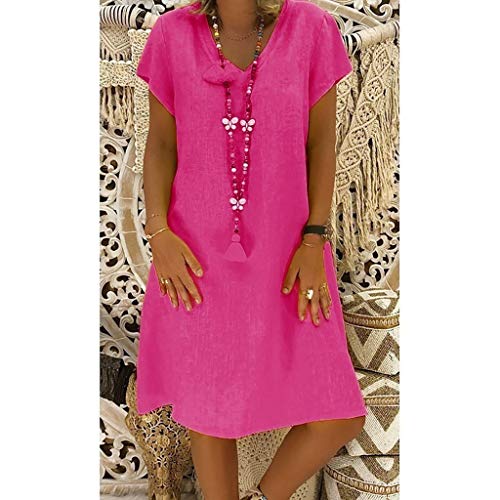 Sunmoot Casual Linen Loose Plain Simple Dress for Women, Plain Simple Solid V-Neck Plus Size Midi Dress - Thumbnail 3