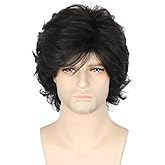 LeMarnia Men's Wigs 70s Wigs for Men Black Short Wavy Fluffy Wig Halloween Costume Wig