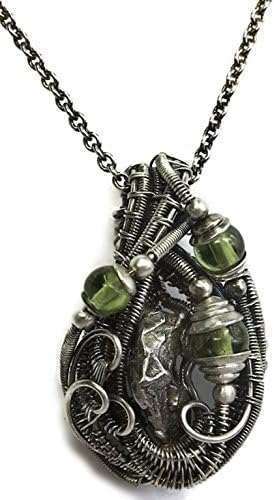 Woven Sikhote-Alin Meteorite Pendant in Antiqued Sterling Silver with Peridot