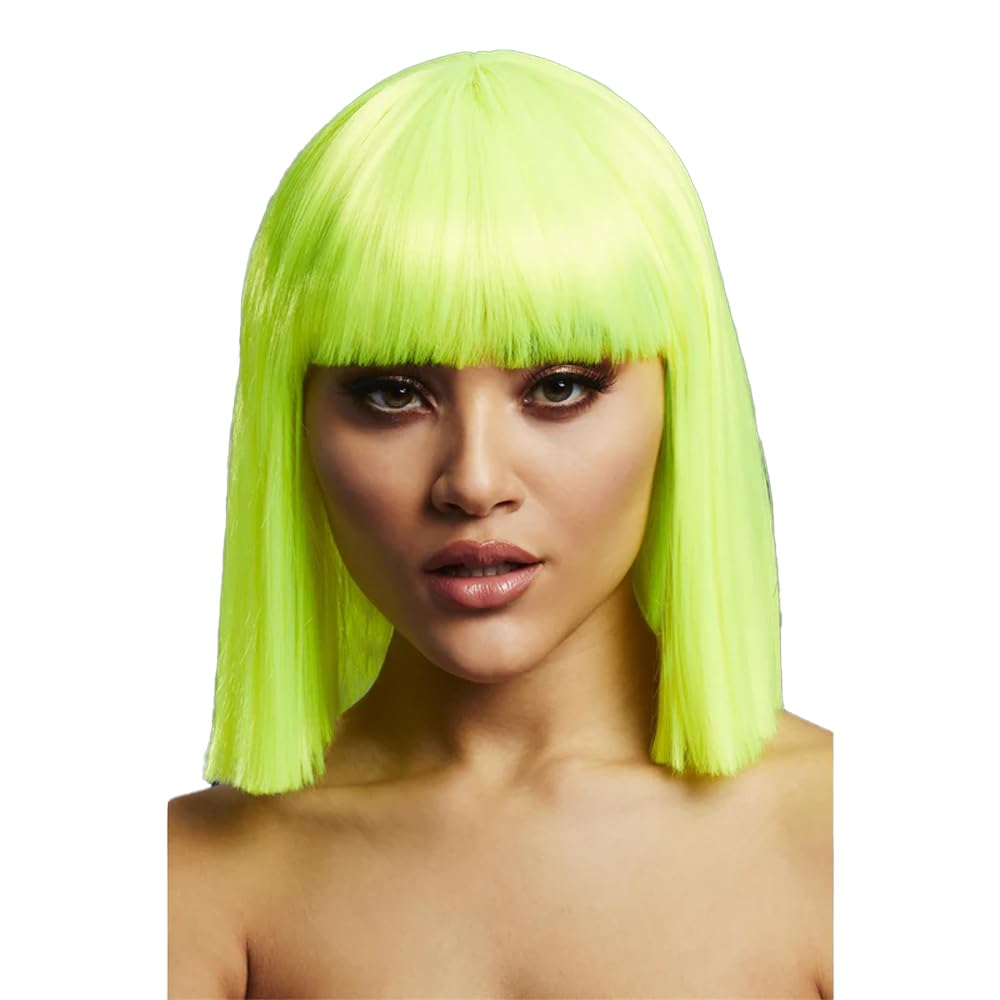 Smiffys Fever Lola Wig, Neon Lime Blunt Cut Bob with Fringe, 30cm/ 12in, Fever Wigs Fancy Dress, Fever Dress Up Wigs