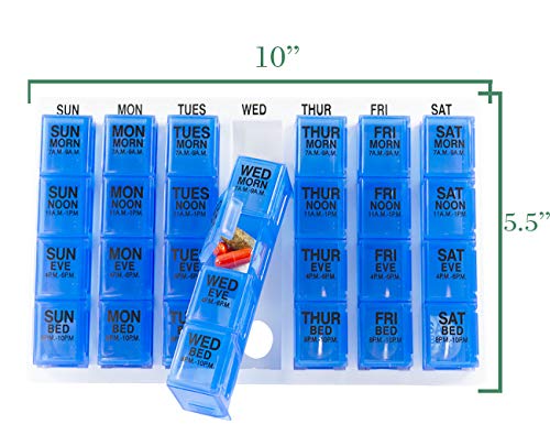 GMS 7 Day Pill Organizer Tray - Large with Removable Daily Pill Boxes with 4 Compartments Each for Storing and Organizing Medications and Pills - Blue