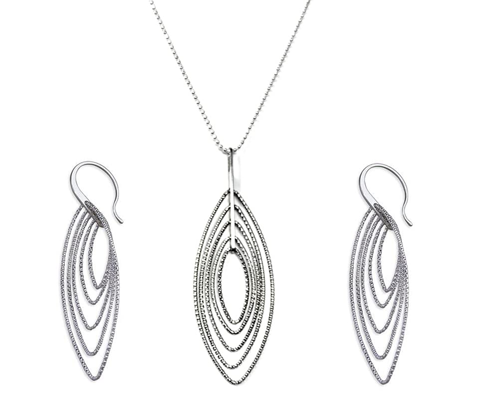 Strictly Gifts Silver Multi Diamond-Cut Oval Necklace Pendant Long Chain 76cm with Matching Earrings Set