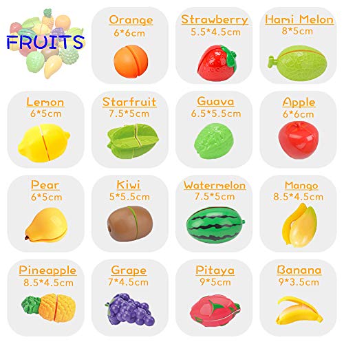 102 Pieces Pretend Cutting Play Food Set for Toddlers 3 Years+ Kitchen Toys Fun Cutting Fruits Vegetables Pretend Food Playset for Children Girls Boys Educational Early Age Basic Skills