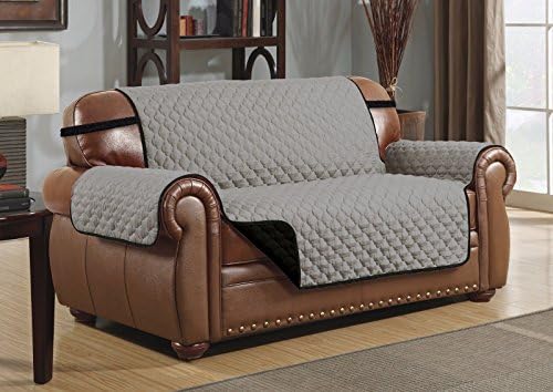 Reversible Love Seat Cover, Quilted Pet Couch Slipcover, Elastic Strap, Machine Washable, Le Benton - Black/Gray