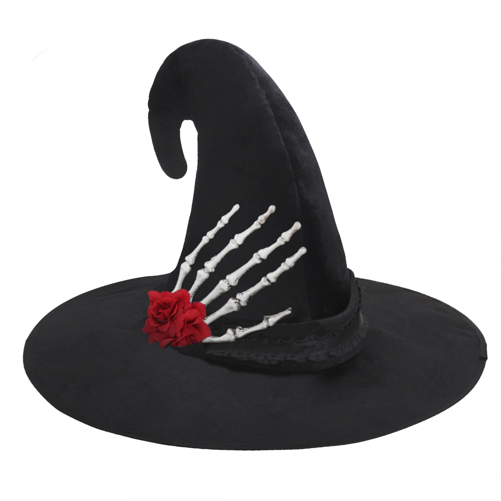 Faxianther Gothic Flowers Skeleton Hand Witch Hat, Women Large Brim Black Velutum Witches Hat Pointed Cap Mardi Gras Hat Cosplay Christmas Party Headwear Halloween Costume Accessory Props