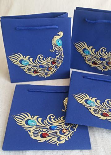 High Quality Blue Glitter Bags with Handmade Peacock Studded with high Quality Stones, Size 6" x 6", Pack of 5 Bags