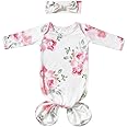 Mikccer Baby Knotted Gown Newborns 0-6 Months, Soft Breathable Newborn Sleeper Gowns, Baby Girl Coming Home Outfit Essential Gift Watercolor Floral with Headband Set