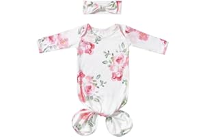 Mikccer Baby Knotted Gown Newborns 0-6 Months, Soft Breathable Newborn Sleeper Gowns, Baby Girl Coming Home Outfit Essential Gift Watercolor Floral with Headband Set