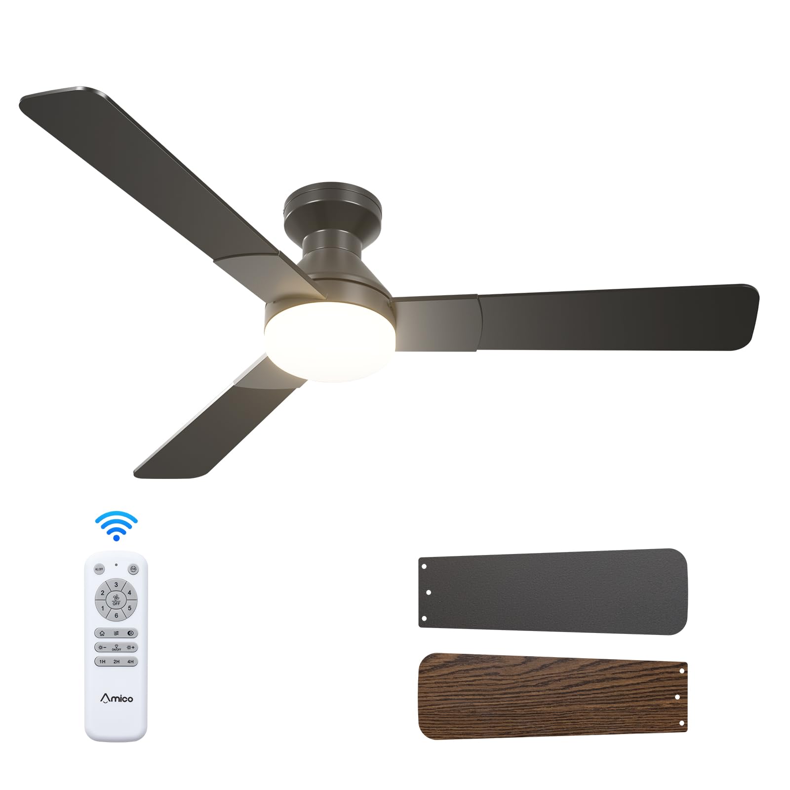 Amico 52 Inch Black Low Profile Ceiling Fans with Lights and Remote