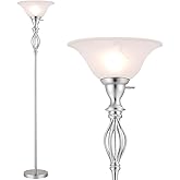 LIGHTACCENTS Torchiere Floor Lamp with White Alabaster Glass Shade – Tall Standing Lamp with Iron Scrollwork and Brushed Nick