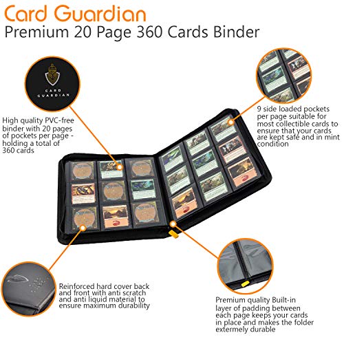 Card Guardian - 9 Pocket Premium Black Binder with Zipper for 360 Cards - Side Loading Pockets for Trading Card Games TCG