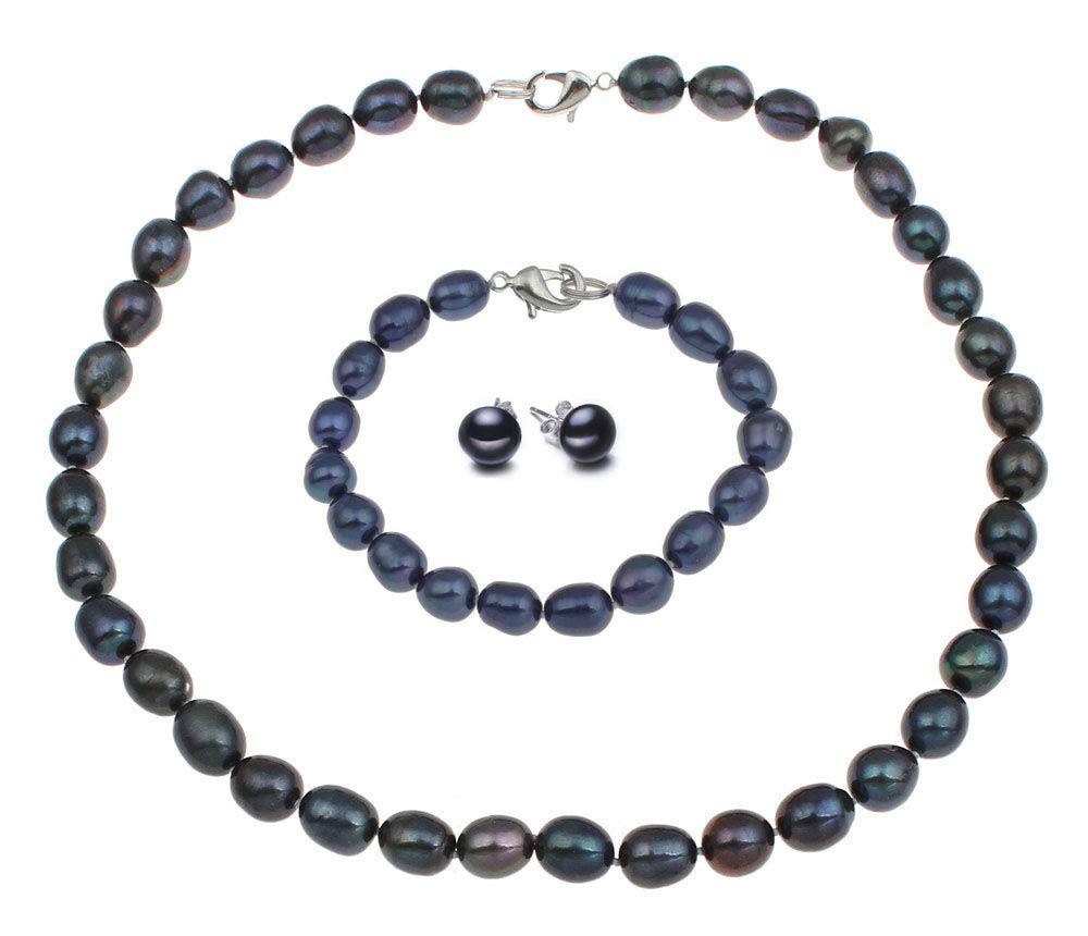 Treasure Bay FAB Elegant 8mm Rice Shape Freshwater Pearl Necklace Bracelet and earrings Tri Set (Black)