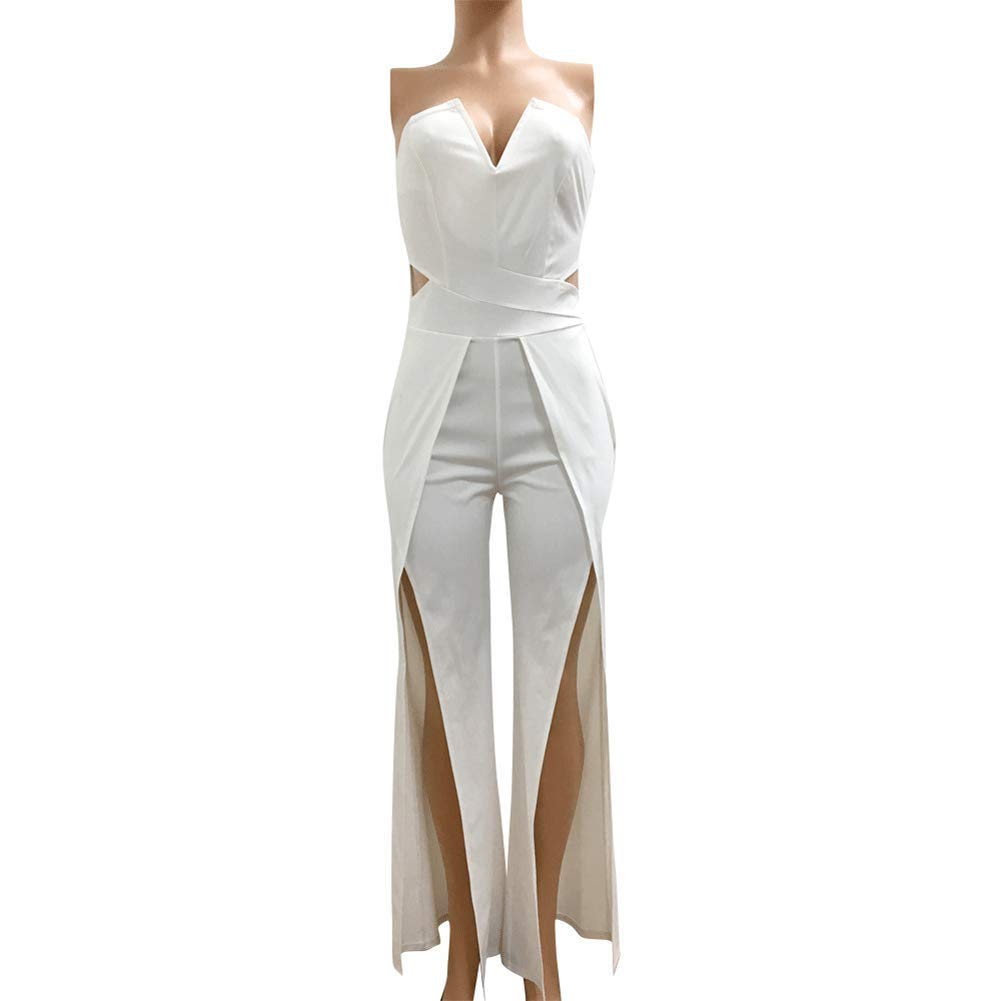 Womens Off Shoulder Sleeveless Jumpsuit - Elegant Cocktail Wide Split Leg Strapless One Piece Rompers Playsuit Black