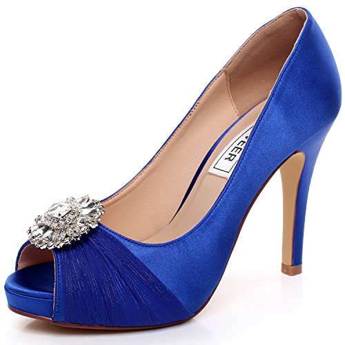 Luxveer Royal Blue Women Shoes Combining Satin Lace And Rhinestone