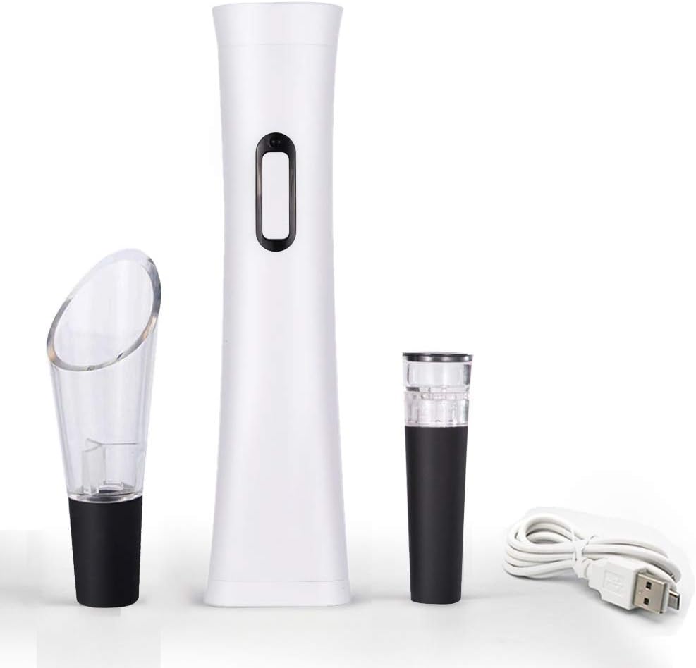 Electric Wine Opener, Automatic Electric Wine Bottle Corkscrew with Foil Cutter(Top Cap,Twists it Clockwise), Wine Pourer, Vacuum Stopper & USB Cable, Rechargable (White)