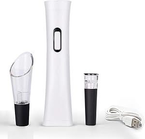 Electric Wine Opener, Automatic Electric Wine Bottle Corkscrew with Foil Cutter(Top Cap,Twists it Clockwise), Wine Pourer, Vacuum Stopper & USB Cable, Rechargable (White)