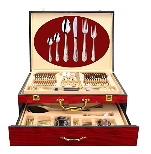 Venezia Collection 75-Pc Luxury Gold Flatware Set for 12 w/Wooden Storage Case, 24 kt Plated Premium Dining Cutlery Service, 18/10 Surgical Stainless Steel Silverware Hostess Serving Set in a Chest - Thumbnail 3