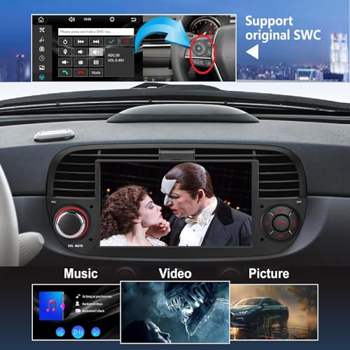 HLLECARMO Car Radio Fiat 500 2007-2015 Wireless Carplay & Android Car, 7 Inch Fiat 500 Car Radio with Bluetooth 5.0 Touchscreen RDS/AM/FM/USB DSP Mirror Link Subw EQ Steering Wheel Control- Black