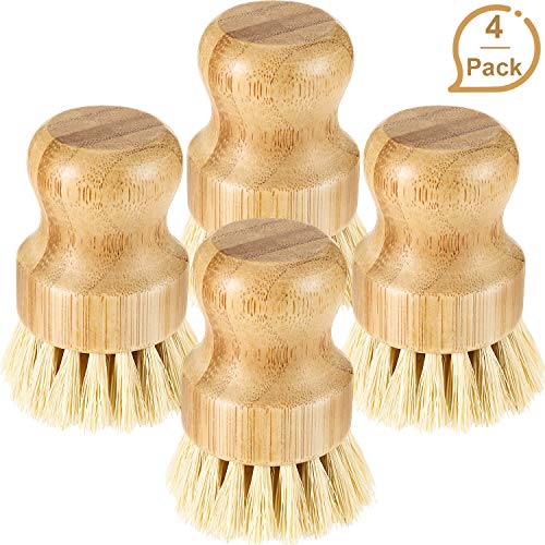 4 Pieces Bamboo Mini Scrub Brush Coconut Bristles Pot Brushes Dish Scrubber for Cast Iron Skillet, Kitchen Sink, Bathroom, Household Cleaning (Style B)