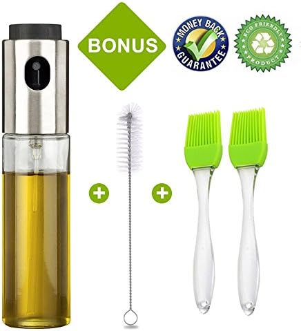 Oil Sprayer Dispenser, Stainless Steel Oil Spray with 2 Bonus BBQ Oil Brushes for Barbecue Kitchen Grill Cooking Baking, Vinegar Glass Bottle