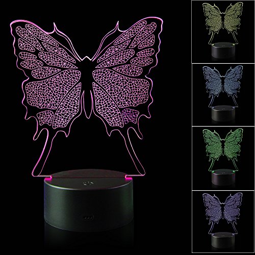 3D Illusion Butterfly Night Light Lamp with 7 Color change, touch base, power by AA batteries