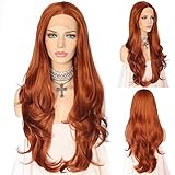 QD-Udreamy Trendy Fashion Natural Long Wavy Auburn Brown Color Synthetic Half Hand Tied Heat Resistant Lace Front Wigs 24 Inch