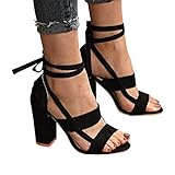 XMWEALTHY Women's Suede Open Toe Pumps Chunky Block Heeled Sandals Ankle Strap High Heels