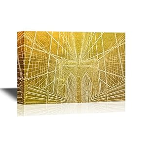 Golden Color Landmark Canvas Wall Art - Brooklyn Bridge,New York - Gallery Wrap Modern Home Art | Ready to Hang - 12x18 inches