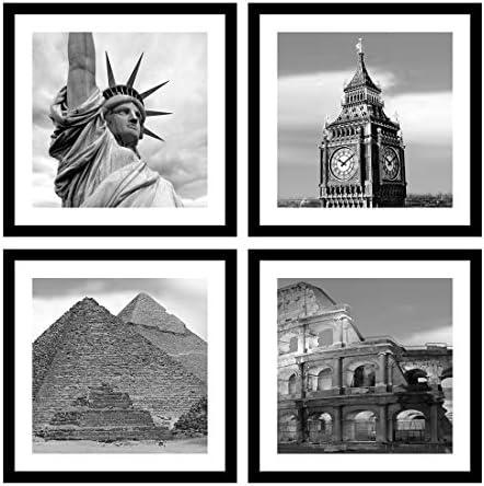Englant- Landscape Canvas Print for Statue of Liberty Pyramid Big Ben Colosseum Contemporary Picture Black and White Wall Art 4 Panels Set Framed Ready to Hang