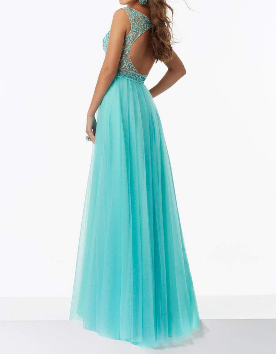 UGLY Women's Crystals Beading Prom Party Dresses Tulle Backless Long