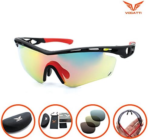 Durable Sports Fashion Sunglasses Superlight for Hiking Fishing Baseball Golf Running Cycling Glasses (Black, Red Revo) Vogatti V1703