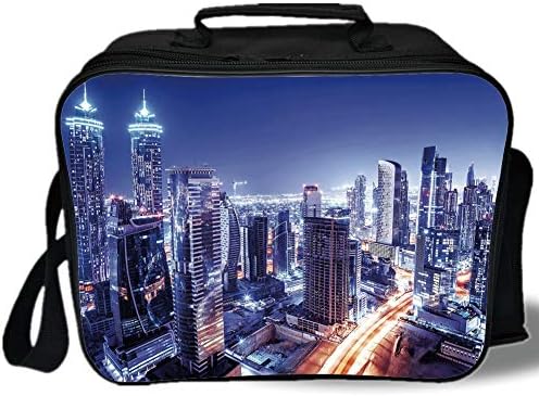 City 3D Print Insulated Lunch Bag,Dubai Downtown UAE Night Scenery Modern High Rise Buildings Travel Destination，for Work/School/Picnic,Violet Blue Orange