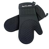 Black Silicone Oven Mitts - 1 Pair of Extra Long Professional Heat Resistant Potholder Gloves - Oven Mitt Set of 2 (Kitchen)