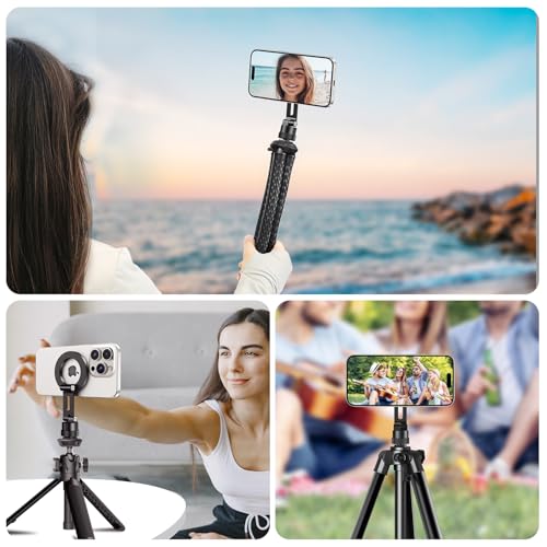 elitehood Magnetic Phone Tripod Mount for Magsafe, Aluminum iPhone Tripod Mount Adapter with 1/4” Screw, Cold Shoe Phone Mount for Camera, iPhone 16/15/14/13 Series