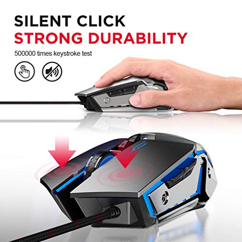 Mouse Gaming Silenzioso, Inphic 4800DPI Mouse da Gioco Ottico USB con Cavo, Regolazione 5 DPI, 6 Pulsanti Programmabili, 7 LED RGB con peso extra per i giocatori, PC Laptop Mac, Nero