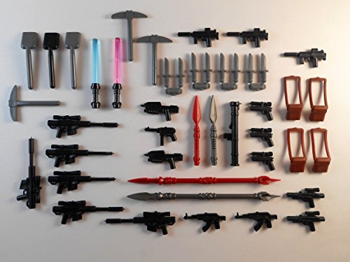 Lot of 40 Weapons Accessories for Lego Mini Figures. New!! Military Satchel Knife Swords Guns