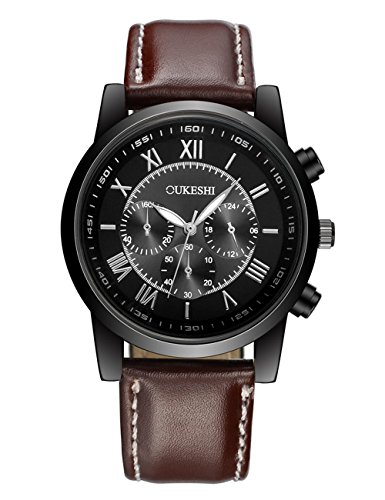 Mens Wrist Watch,POTO On Sale Leather Strap Roman Numeral Alloy Dress Analog Quartz Watch Clearance Gift Watches RY-739 (Coffee+black-A)