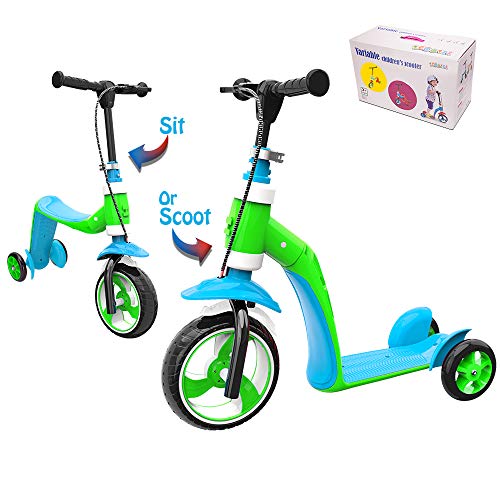 Verkstar Kick Scooter for Kids Toddlers Girls Boys, 2 in 1 Kids Scooter with Handbrake, Adjustable Handle, Extra-Wide Deck, The Latest Outdoor Toys for Kids Activities (Blue & Green)