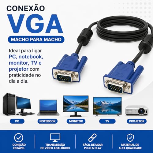 Cabo Vga 1,5m Macho X Macho Com Filtro Para Monitor Pc Tv Projetor Notebook 15 Pinos Conexão Estável Imagem Nítida Compatível Com Tela Externa Uso Residencial Profissional Full HD
