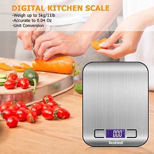 Benewell Digital Food Scale, 1g/0.002lbs to 11lbs Capacity Accurate Weight Measurement Stainless Steel Kitchen Scale for Meat, Gram, Coffee Bean, Fruit, Baking Powder and More (Batteries Included)