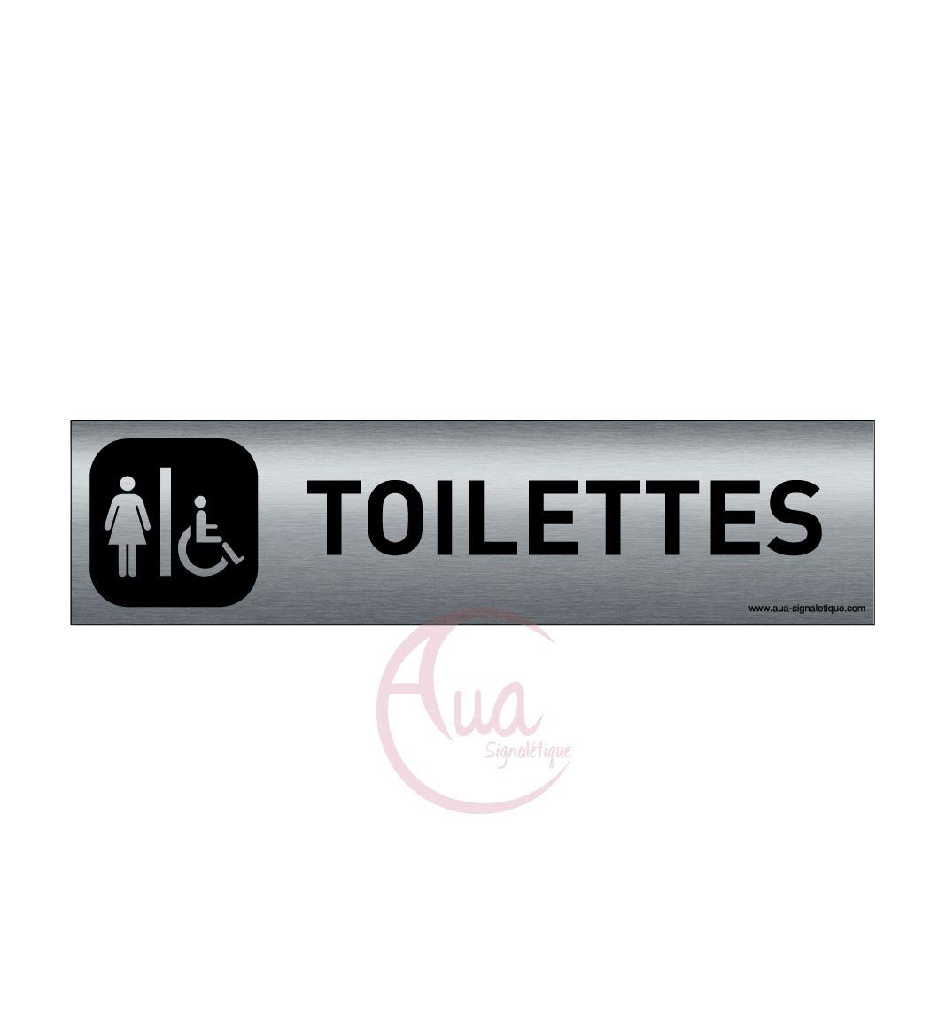 AUA SIGNALETIQUE - Plaque Aluminium brossé imprimé AluSign DARK - 200x50 mm - Double Face adhésif au dos (Toilettes F/handicap)