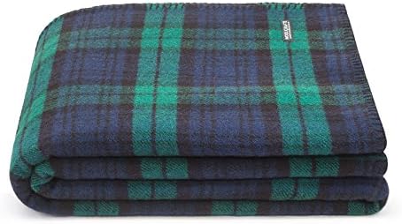 Pure Wool Blanket 100%. Throw blanket for home and camping. Plaid nice for babies children. Twin size 140x180 warm and washable wool blanket size bed Woolkrafts(without leather holder, Blue/Green)