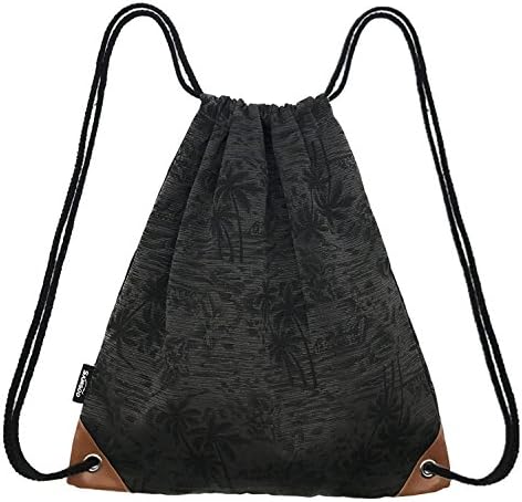 SAMGOO Drawstring Bag Canvas Lightweight Coconut Palm tree Printing Art Gym Sack Sport Bags Backpack (Black)